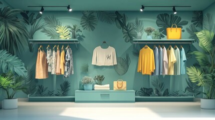 Poster - Flat design showcasing sustainable fashion trends and retail display concept  Contemporary layout with geometric elements patterns and textures for modern consumer shopping and brand promotion