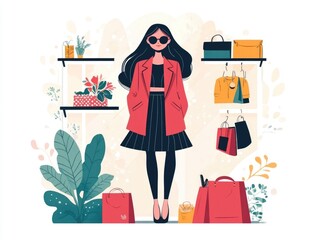 Poster - Flat design showcasing an emerging fashion trends section within a retail commerce setting  The image depicts a modern minimalist layout highlighting the latest style collections and apparel products