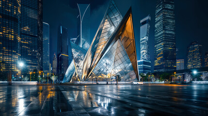 Wall Mural - Modern building reflecting on wet street at night in shanghai