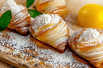 Sfogliatella, sometimes called a lobster tail in English. Shell-shaped filled Italian pastries native to Campania. Beautiful simple AI generated image in 4K, unique.