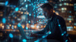 © Elaine - Software developer working late with an abstract network effect surrounding him