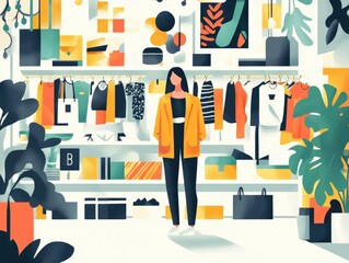 Poster - Evolving Fashion Trends Transforming Retail Landscape with Flat Design the rapid adoption of new fashion styles and their seamless into modern shopping environments through a minimalist