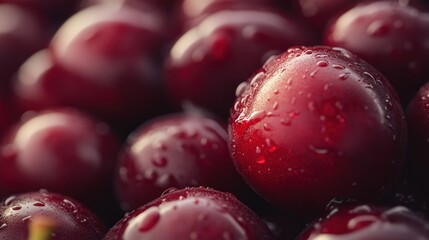 Sticker - Close-up of fresh cherries with water droplets.