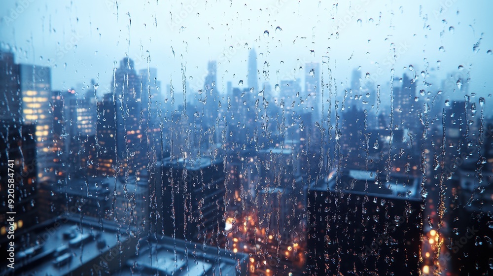View of Night City through a window on a rainy night,Rain drops on ...