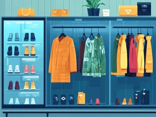 Poster - Flat design showcasing the use of technology in identifying and analyzing the latest retail and fashion trends  The image depicts a modern workspace with a laptop charts and other digital elements