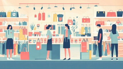 Poster - Flat design showcasing the consumer driven adoption of retail fashion trends and the commercial aspects of the clothing industry