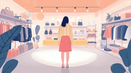 Poster - Flat design showcasing fashion retail influencer marketing to promote brands and products on digital platforms and social media  The image depicts a modern creative concept for ecommerce