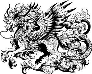 Canvas Print - heraldic kirin with wings, blue dragon kirin, isolated on white, Qilin the dragon of wise, editable stroke, ready for your design