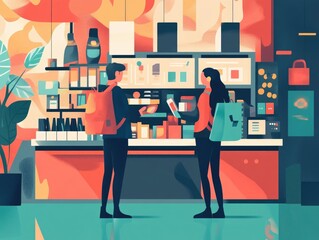 Poster - Flat design showcasing the mobile checkout process for an ecommerce shopping app or online store  The image depicts a clean minimalist interface with geometric shapes