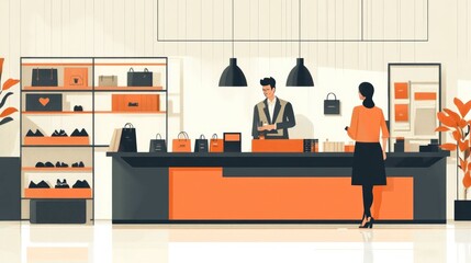 Poster - Vibrant and interactive fashion retail displays with a modern minimalist flat design style conveying a contemporary and innovative shopping experience