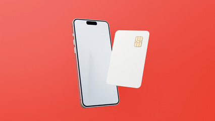 smartphone and plastic credit card. 3d mobile phone with blank white screen and bank card with chip.