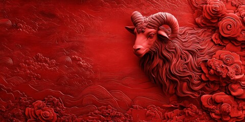 Chinese Zodiac Energetic 3D Red Art Background for the Year of the Goat, Infused with the Spirit of Prosperity and Serenity.