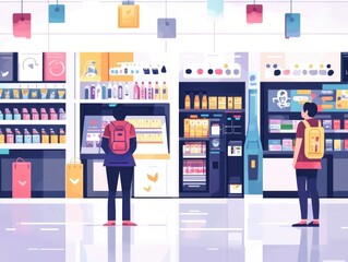 Poster - Seamless of online and offline shopping experiences with a flat design showcasing a modern digital commerce platform or marketplace