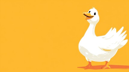 Poster - A white goose with an orange beak and feet stands on a yellow background and looks up to the left with a happy expression.