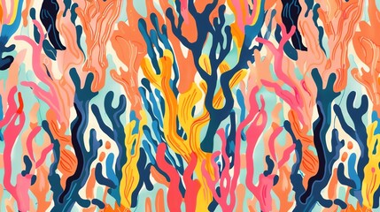 an abstract illustration of coral reefs in blue, orange, and pink.