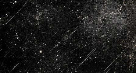 A grungy black background with scratches, dust, and scattered white stars, reminiscent of an old film's texture..