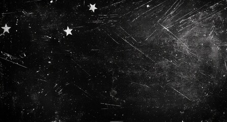 Wall Mural - A scratched black background with dust particles and white stars, featuring a vintage, grainy film texture..