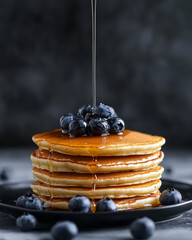 Wall Mural - Blueberry pancakes with fresh berries and a drizzle of syrup