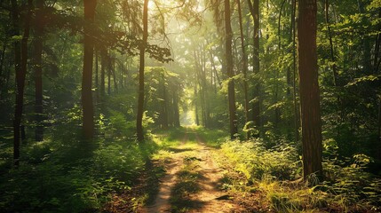 Sticker - A path through a sun-dappled forest.