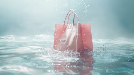 Wall Mural - Pink shopping bag float on clear sea or swimming pool,text,top view,vacation,Summer sale creative ads season,banner,poster or template,New waterproof shopping bag falling and dive with splashes.