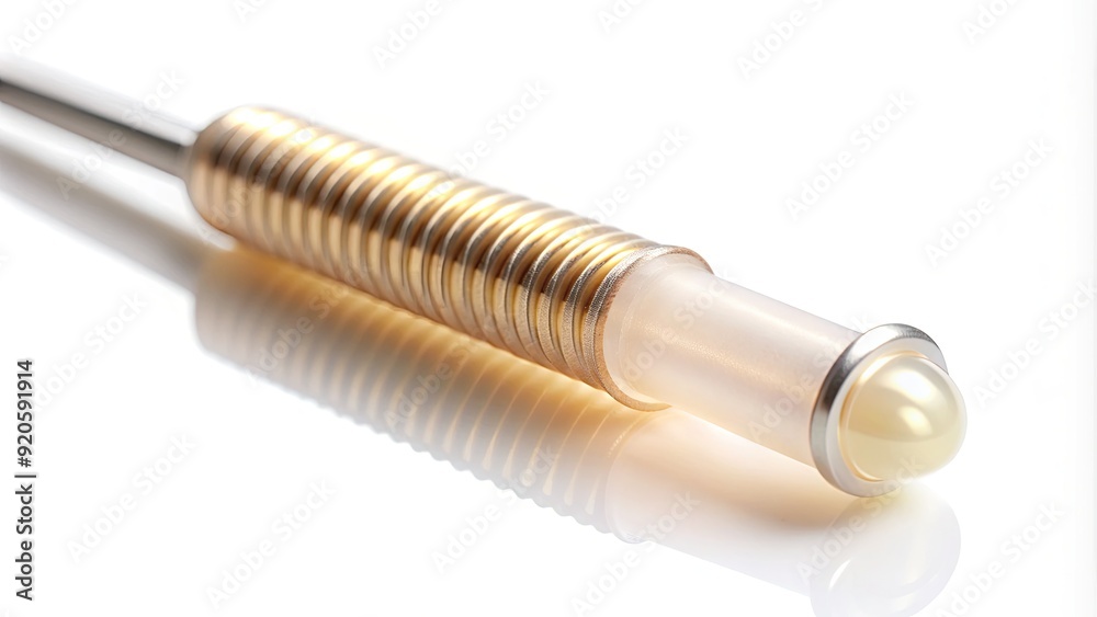 Close-up of a small, flexible, rod-shaped contraceptive implant with a ...