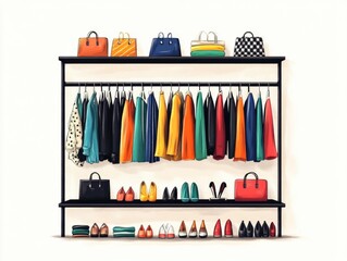 Poster - Stylish and organized fashion merchandising display featuring color coordinated clothing racks and shelves in a flat design a modern retail or boutique interior design concept