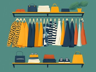 Poster - Flat design of a fashion merchandising display with organized clothing racks sorted by style and color showcasing the concept of visual retail presentation and inventory coordination