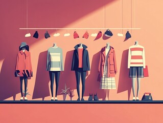 Poster - Flat design showcasing fashion retail end of season sale merchandising with discounts clearance and product displays in a minimalist commercial style