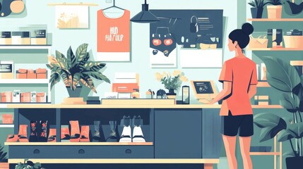 Poster - Flat design depicting the layout and arrangement of themed merchandise sections within a fashion retail store