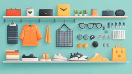 Poster - Stylish Merchandising Display with Coordinated Accessories and Apparel Arranged in a Flat Design for a Retail or Commercial Setting
