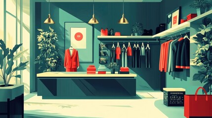 Poster - Fashion Merchandising A Flat Design Showcasing Visual Storytelling Through Creative Product Displays and Arrangements for Retail Branding and Marketing Concepts