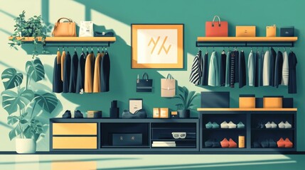 Poster - Flat Design of Coordinated Fashion Retail Product Display Showcasing Cross Merchandising Strategies and Visual Branding Concepts