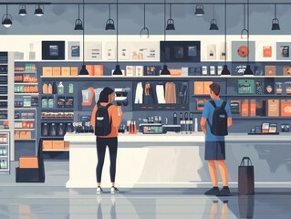 Poster - Flat design depicting the utilization of focal points in merchandising and store design for effective product display branding and customer experience