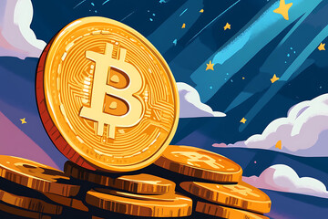 A Bitcoin symbol illustrated in a flat art style, featuring bold and simplified design elements