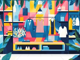 Poster - Flat design depicting an in store fashion marketing event aimed at highlighting and promoting new merchandise collections to potential customers
