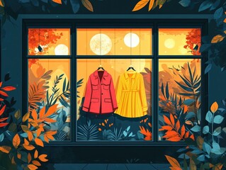 Poster - Rotating Seasonal Fashion Retail Window Displays with Flat Design Showcasing Merchandise Product Arrangement and Branding for Commercial Marketing and Sales Promotion