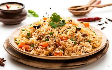 Wall Mural - Plate of tasty Pulao with on white background.