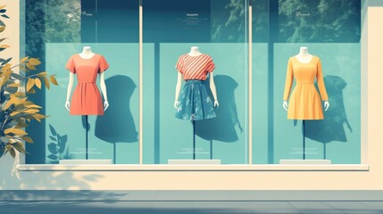 Poster - Stylish and modern flat design showcasing the effective use of mannequins in fashion retail displays to create visually appealing and enticing storefront presentations
