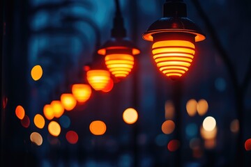 Wall Mural - Row of illuminated orange lamps hanging in a city park at night