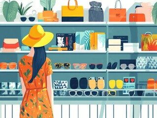 Poster - Flat design showcasing creative and engaging fashion merchandising display for in store retail narratives and product presentation