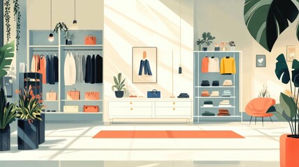 Poster - Stylish flat design showcasing curated fashion retail collections in spotlight display areas  Elegant and modern presentation of apparel and merchandise in a minimalist trendy store layout