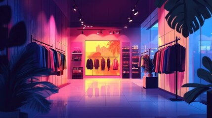 Poster - Visually striking flat design showcasing curated fashion retail collections displayed in strategically spotlighted areas of a modern minimalist store interior