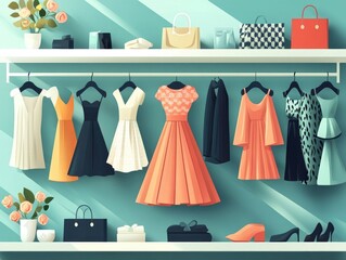 Poster - Fashionable and creative thematic merchandising display for special occasions and events using flat design style  Showcasing stylish product arrangement color palette and geometric patterns