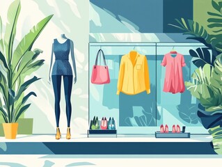 Poster - Dynamic fashion merchandising displays that change with evolving trends and styles featuring a flat design showcasing a modern stylish and creative retail presentation concept