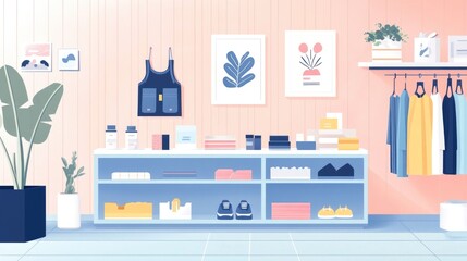 Poster - Stylish and modern flat design showcasing a fashion retail product launch merchandising setup  The image depicts a creative arrangement of fashion items store displays