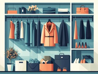 Poster - Flat design showcasing key fashion merchandising elements such as product display marketing and visual presentation in a modern minimalist style
