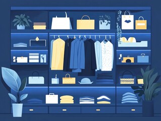 Poster - Carefully arranged fashion merchandising display showcasing key products and items in a modern flat design for marketing and commercial purposes