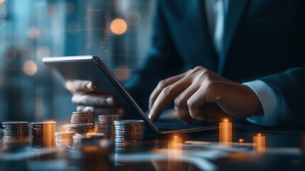 Poster - business professional analyzing financial data on a tablet surrounded by coins and candles in a mode