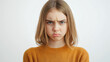 © Stefan - Portrait of sad Caucasian teenager girl, annoyed young female person with frowning, dissatisfied face expression, displeased grumpy brunette standing isolated on white background, angry and upset teen