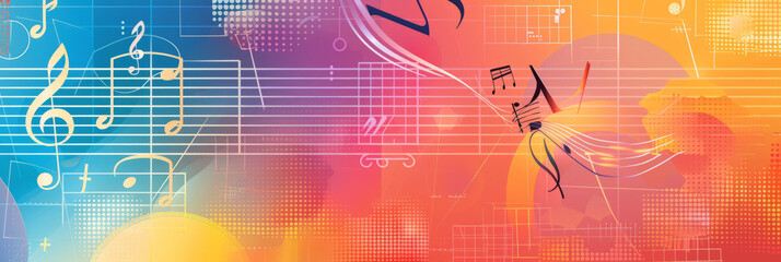 Harmonious back-to-school background, balanced geometric patterns and icons, music theory staves and clefs, melodic design